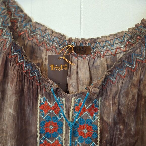 TresKa Boho Mocha Embroidery Top w/Back Tie & Tassels One Size NWT  Cottage Core - Picture 4 of 15